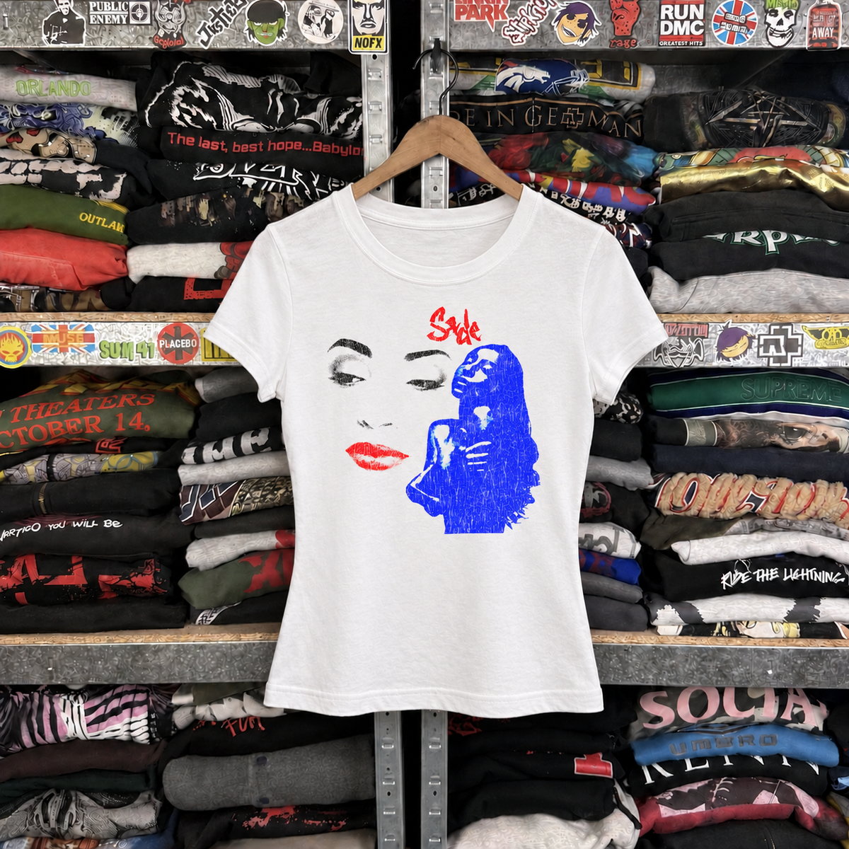90s Sade Ultra Rare Womens White Tee — off-body front on wooden hanger