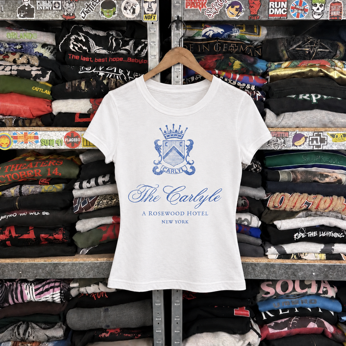 90s The Carlyle New York Rare Womens White Tee — off-body front on wooden hanger