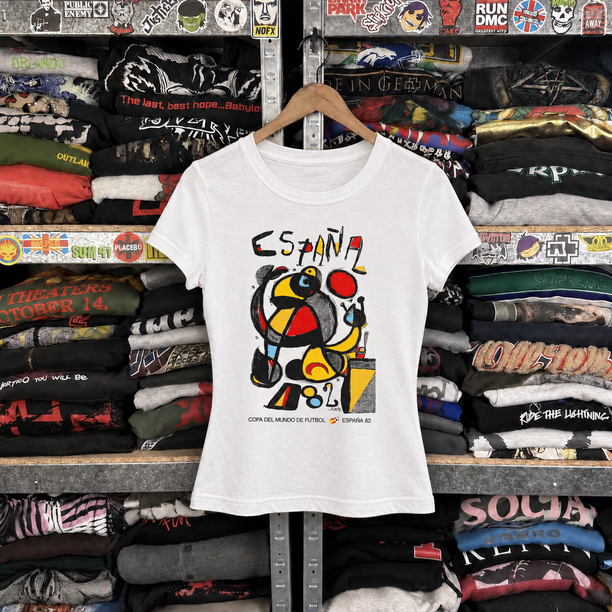 82 Spain World Cup España Womens White Tee — off-body front on wooden hanger