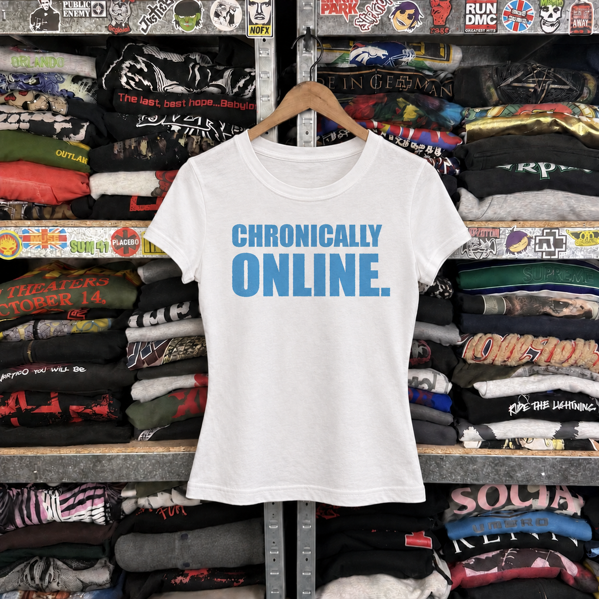 Y2K Chronically Online Women's Statement Tee — off-body front on wooden hanger