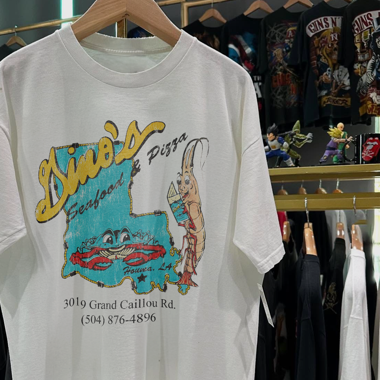 90s DINO'S SEAFOOD AND PIZZA RARE WASHED WHITE T-SHIRT