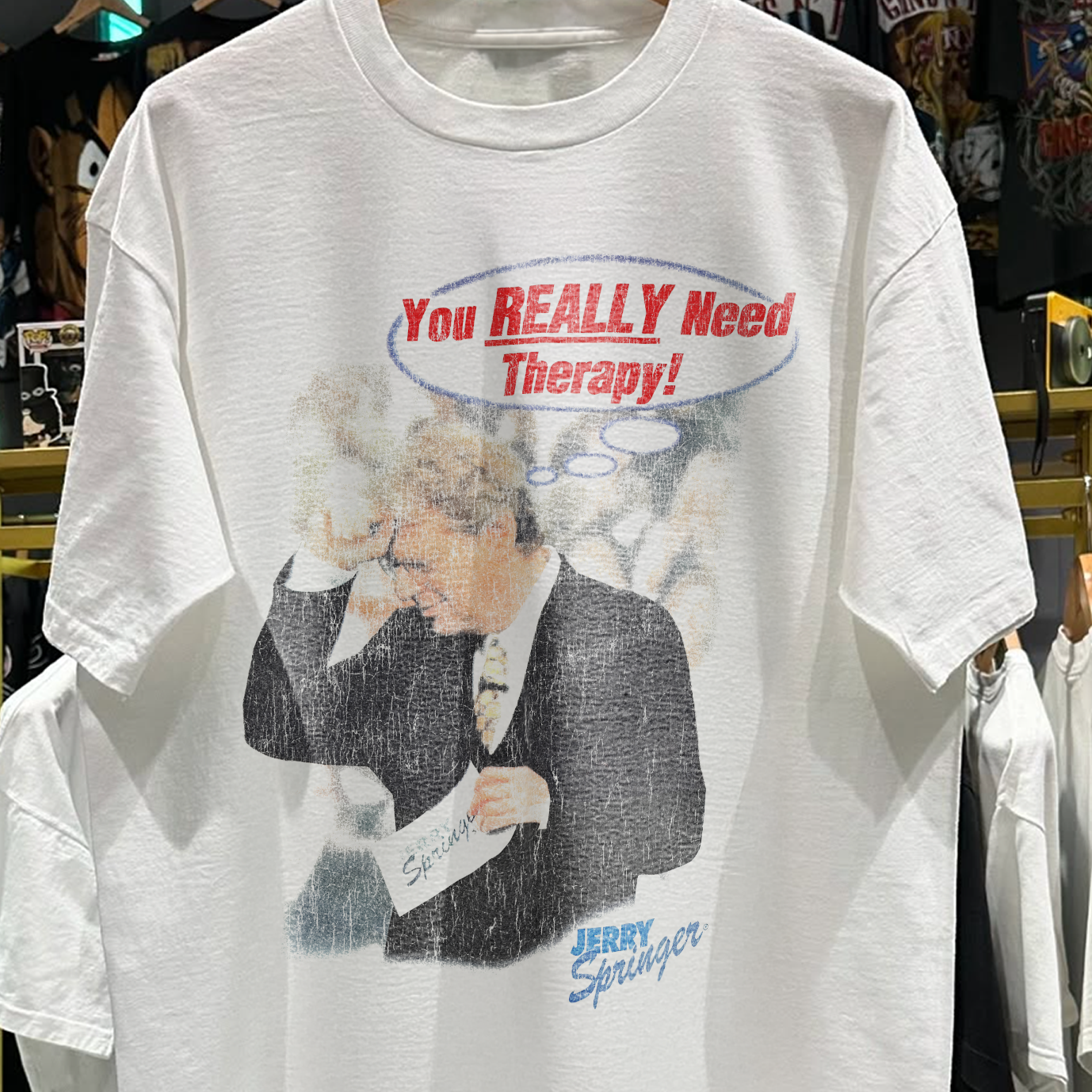 90s JERRY SPRINGER 'YOU REALLY NEED THERAPY' RARE WASHED WHITE T-SHIRT