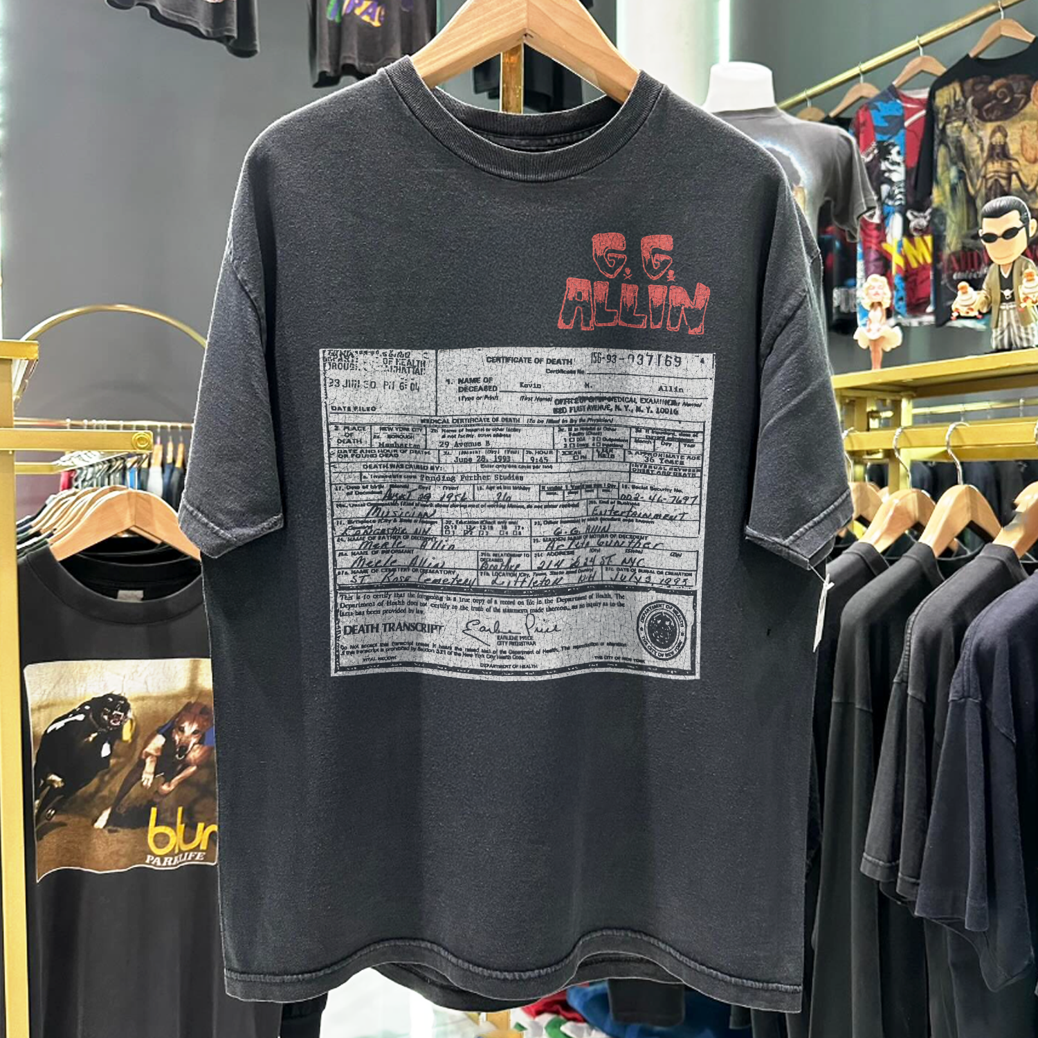 90s GG ALLIN 'DEATH TRANSCRIPT' RARE WASHED BLACK T-SHIRT