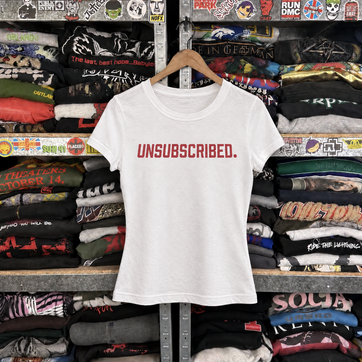 Y2K Unsubscribed Women's Statement Tee — off-body front on wooden hanger