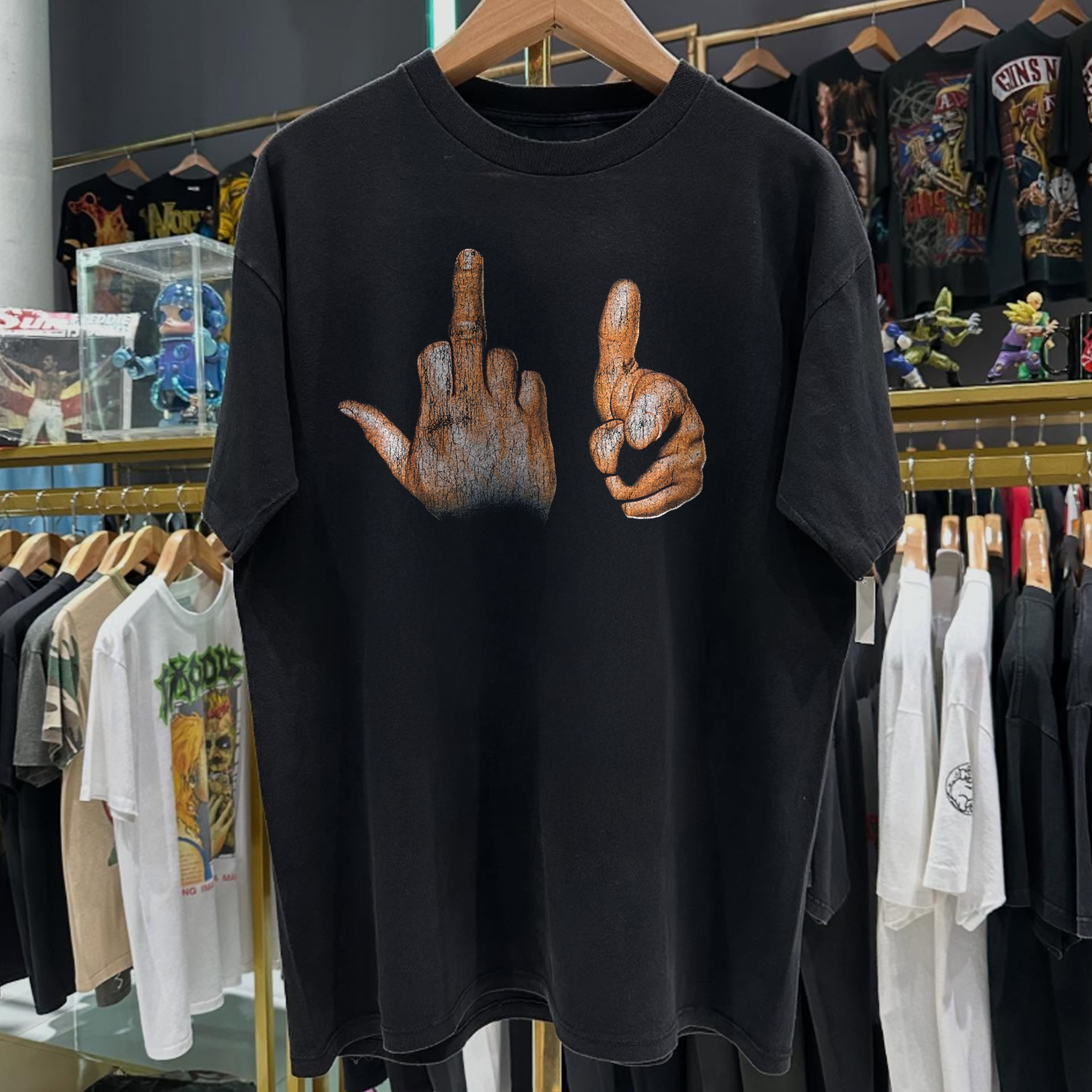 90s TWO-FINGER SALUTE RARE WASHED BLACK T-SHIRT