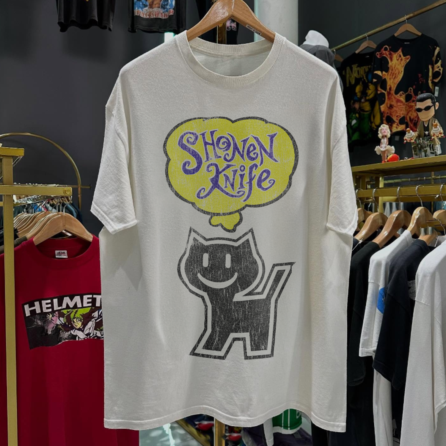 90'S SHONEN KITTEN CLUB 'SHONEN KNIFE CAT TEE' RARE WASHED WHITE T-SHIRT