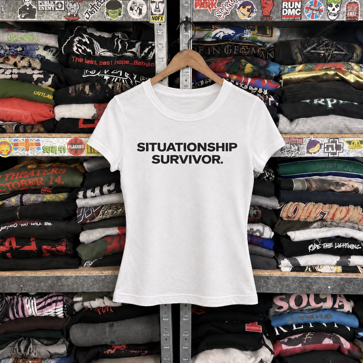 Y2K Situationship Survivor Women's Statement Tee — off-body front on wooden hanger