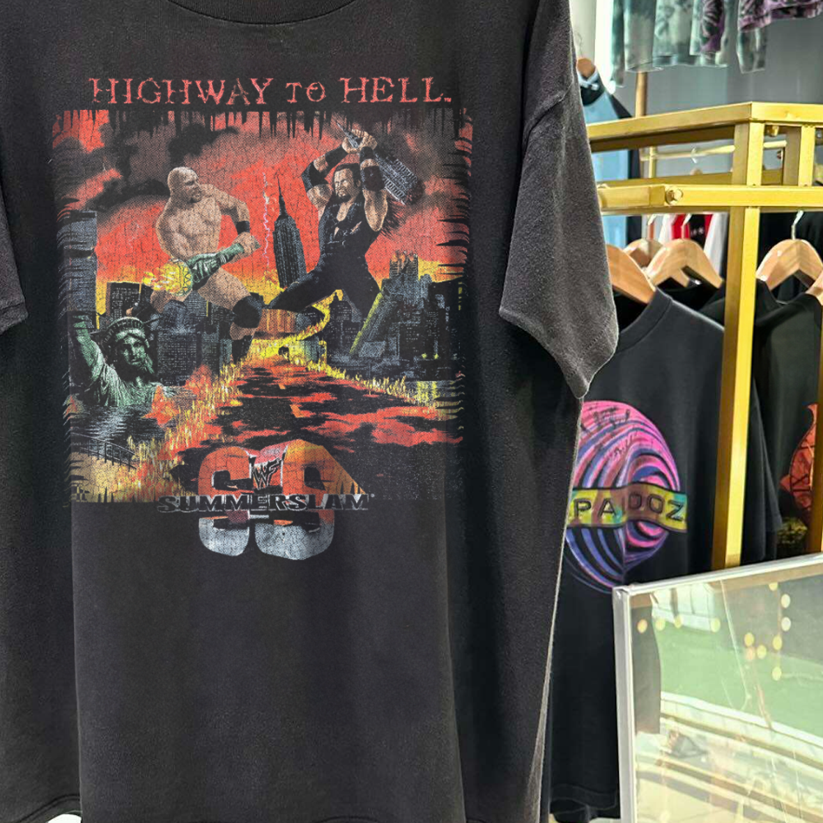 HIGHWAY TO HELL 1998 SUMM3RSLAM ST0NE C0LD X UND3RTAK3R VINTAGE WASHED T-SHIRT