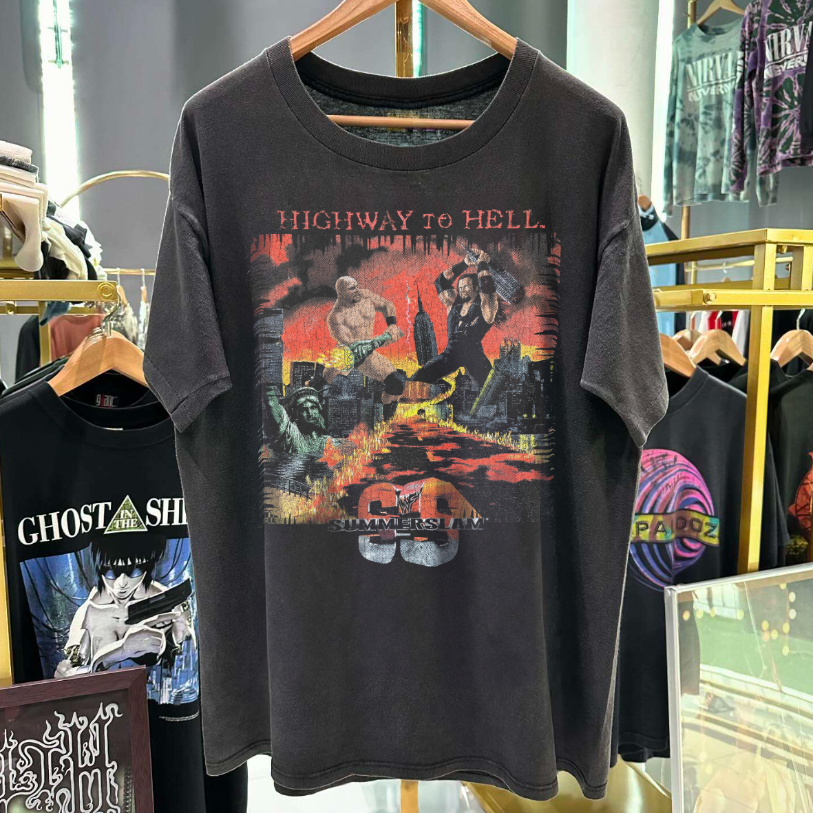 HIGHWAY TO HELL 1998 SUMM3RSLAM ST0NE C0LD X UND3RTAK3R VINTAGE WASHED T-SHIRT