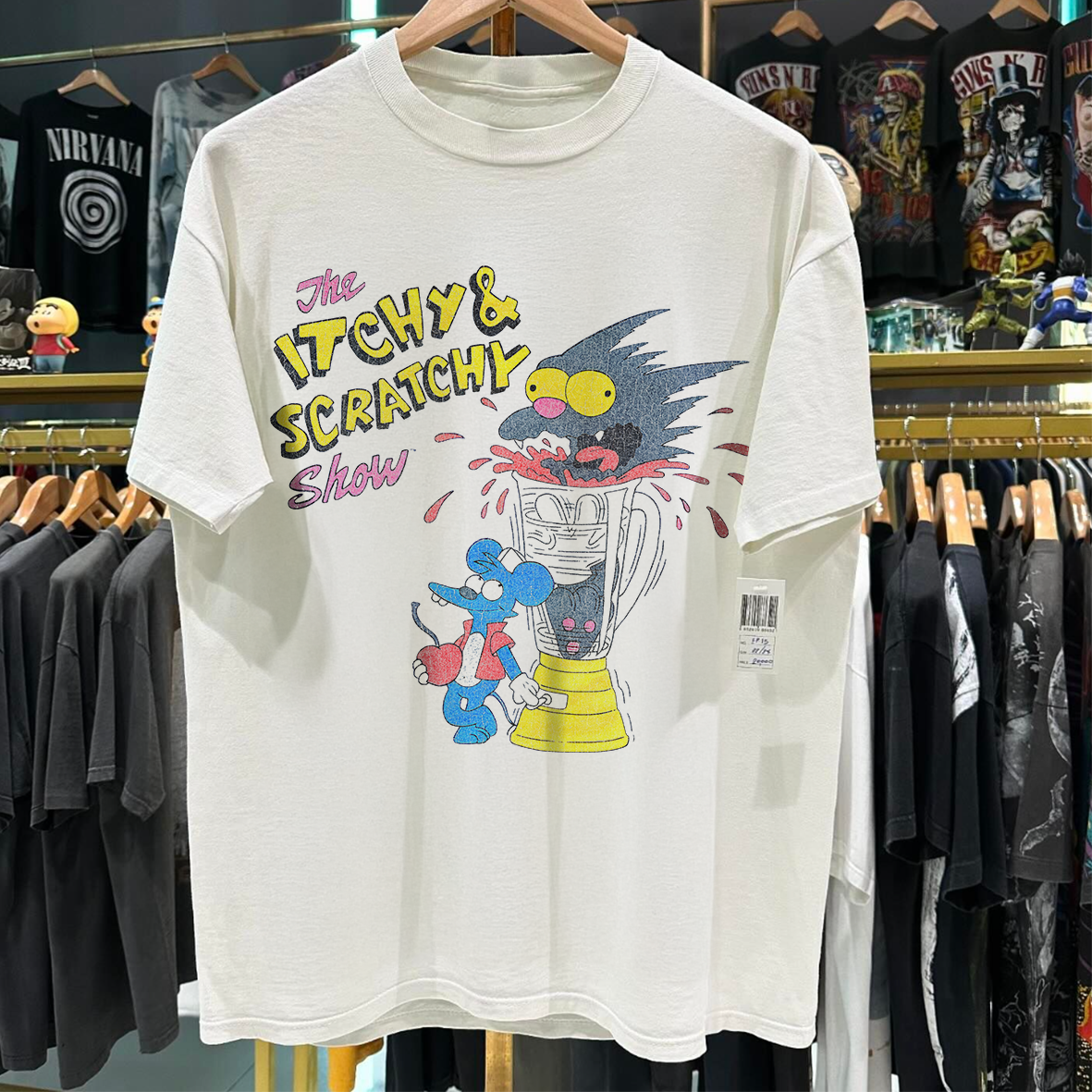 1994 Itchy & Scratchy "The Meat Grinder" Vintage Washed White T-Shirt