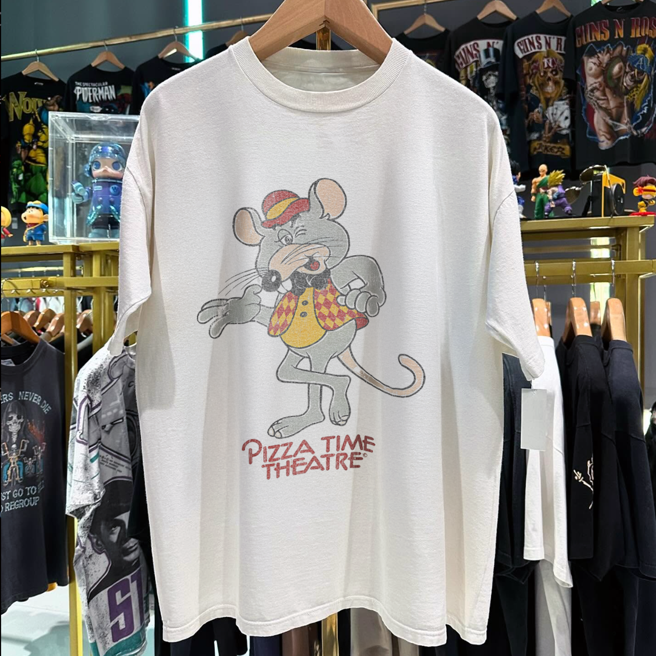 PIZZA TIME THEATRE 80s - 90s CHUCK-E-CHEESE VINTAGE WASHED WHITE T-SHIRT