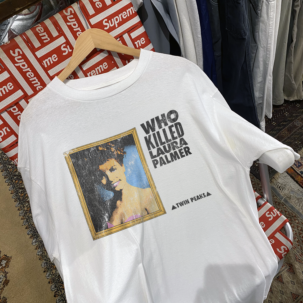 WHO KILLED LAURA PALMER TWIN P3AKS VINTAGE WASHED WHITE T-SHIRT