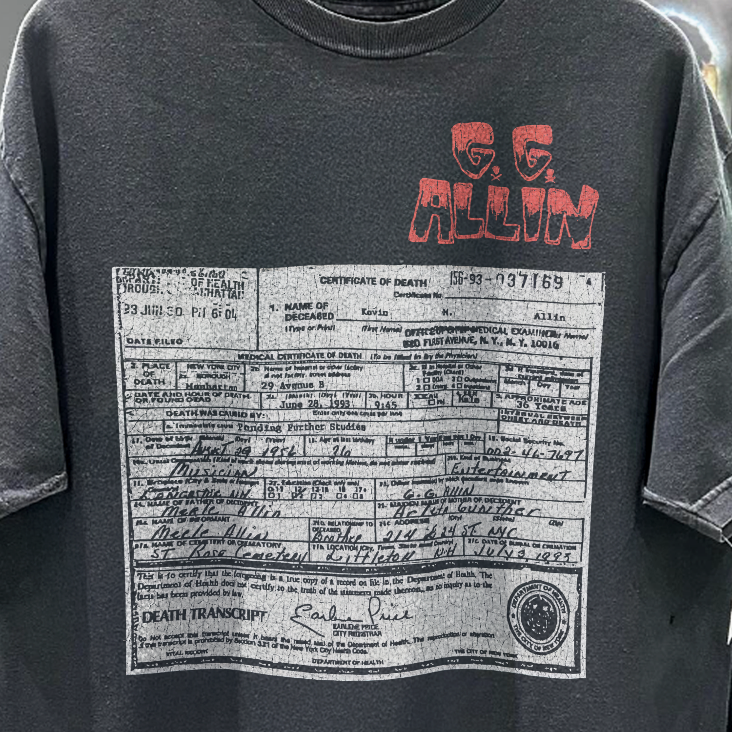 90s GG ALLIN 'DEATH TRANSCRIPT' RARE WASHED BLACK T-SHIRT