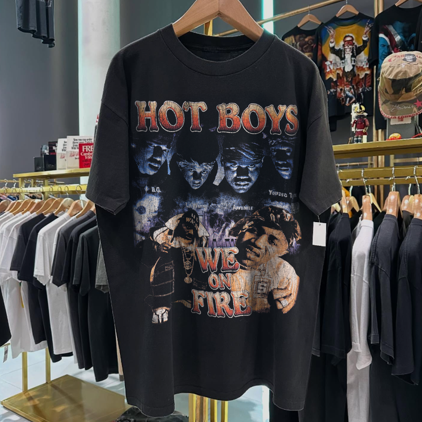 90s HOTBOYS 'WE ON FIRE' RARE WASHED BLACK RAP TEE