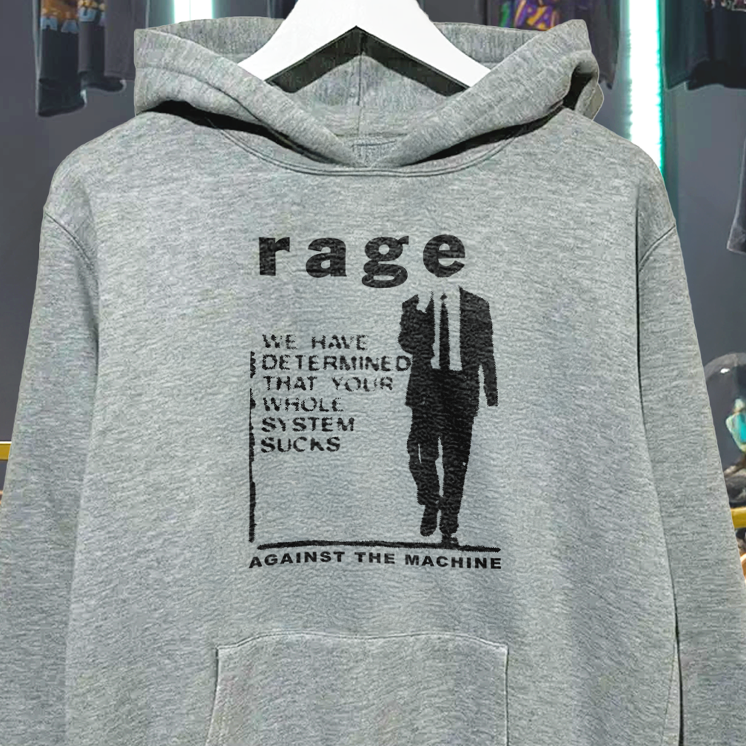 RATM 'YOUR WHOLE SYSTEM SUCKS' 90S INSPIRED RARE GREY MARLE HOODIE