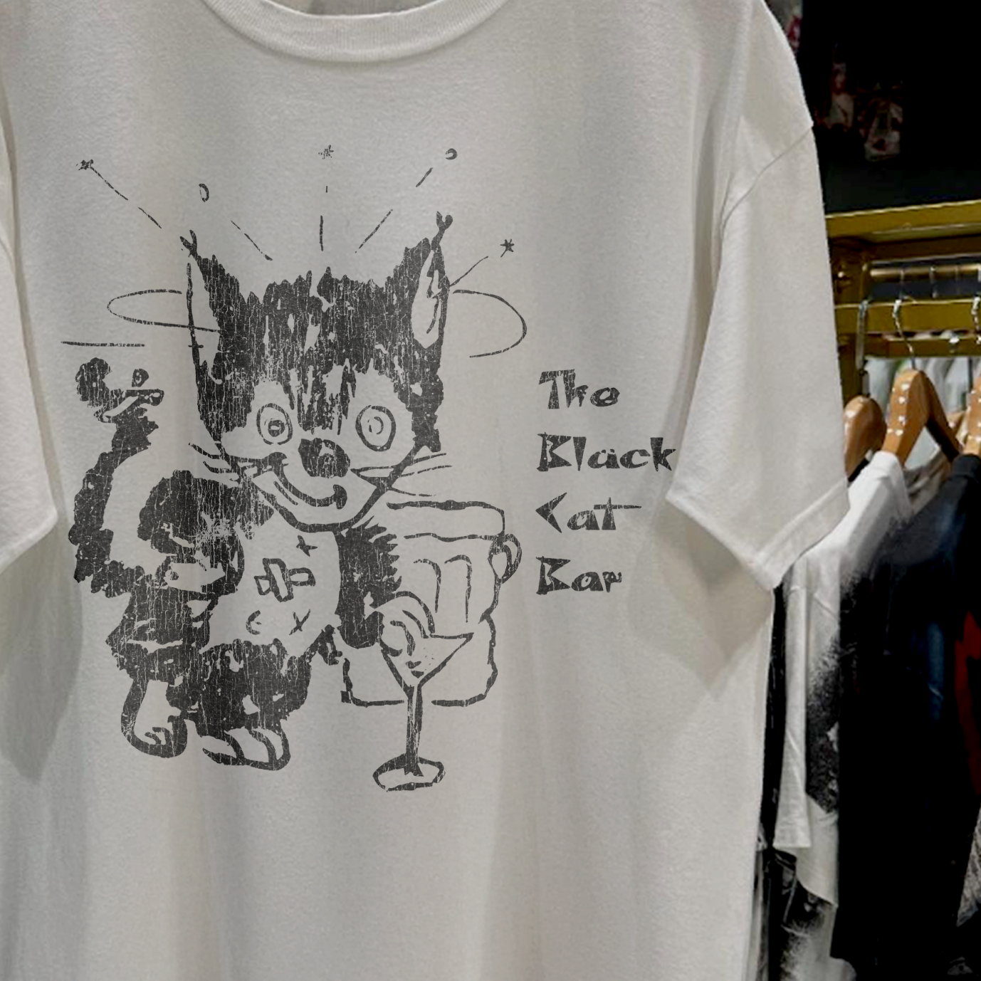 THE BLACK CAT BAR ULTRA RARE WAHSED BLACK T-SHIRT