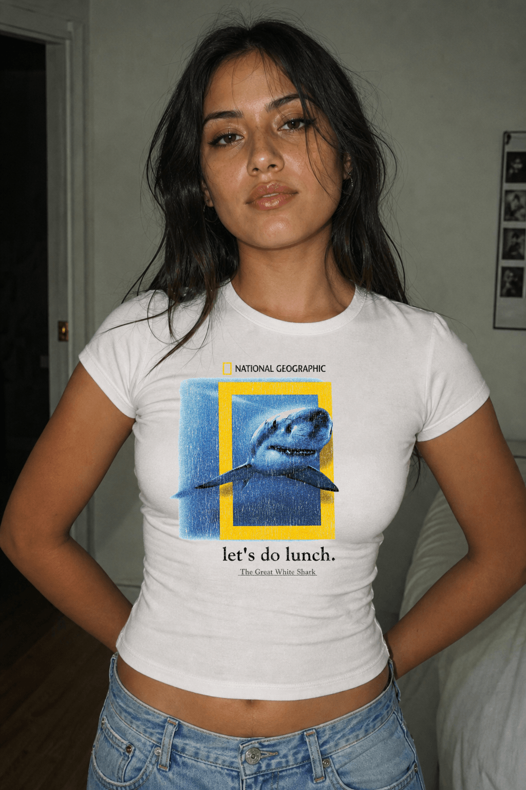 2000s National Geographic Great White Shark Womens White Tee