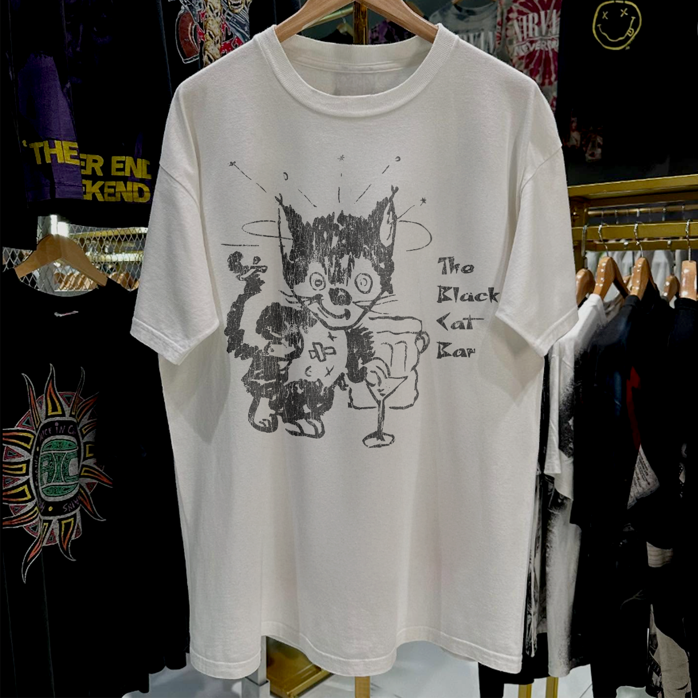 THE BLACK CAT BAR ULTRA RARE WAHSED BLACK T-SHIRT