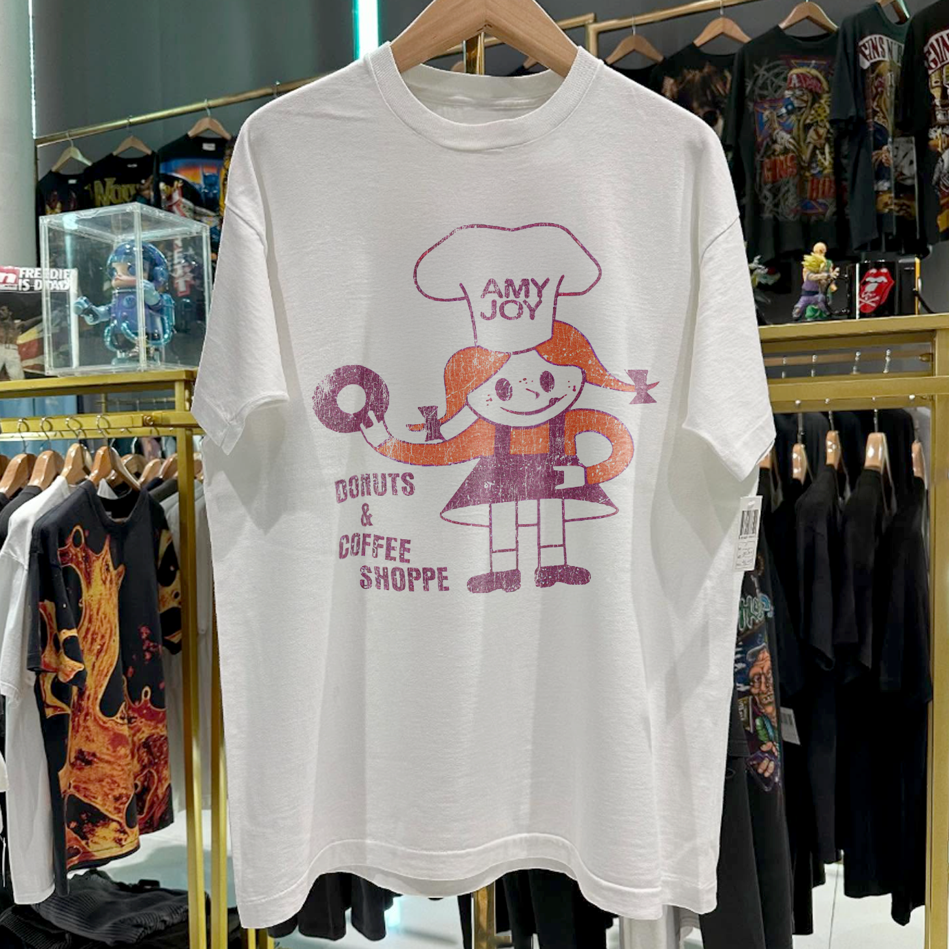 90s AMY JOY DONUTS & COFFEE SHOPPE RARE WASHED WHITE T-SHIRT