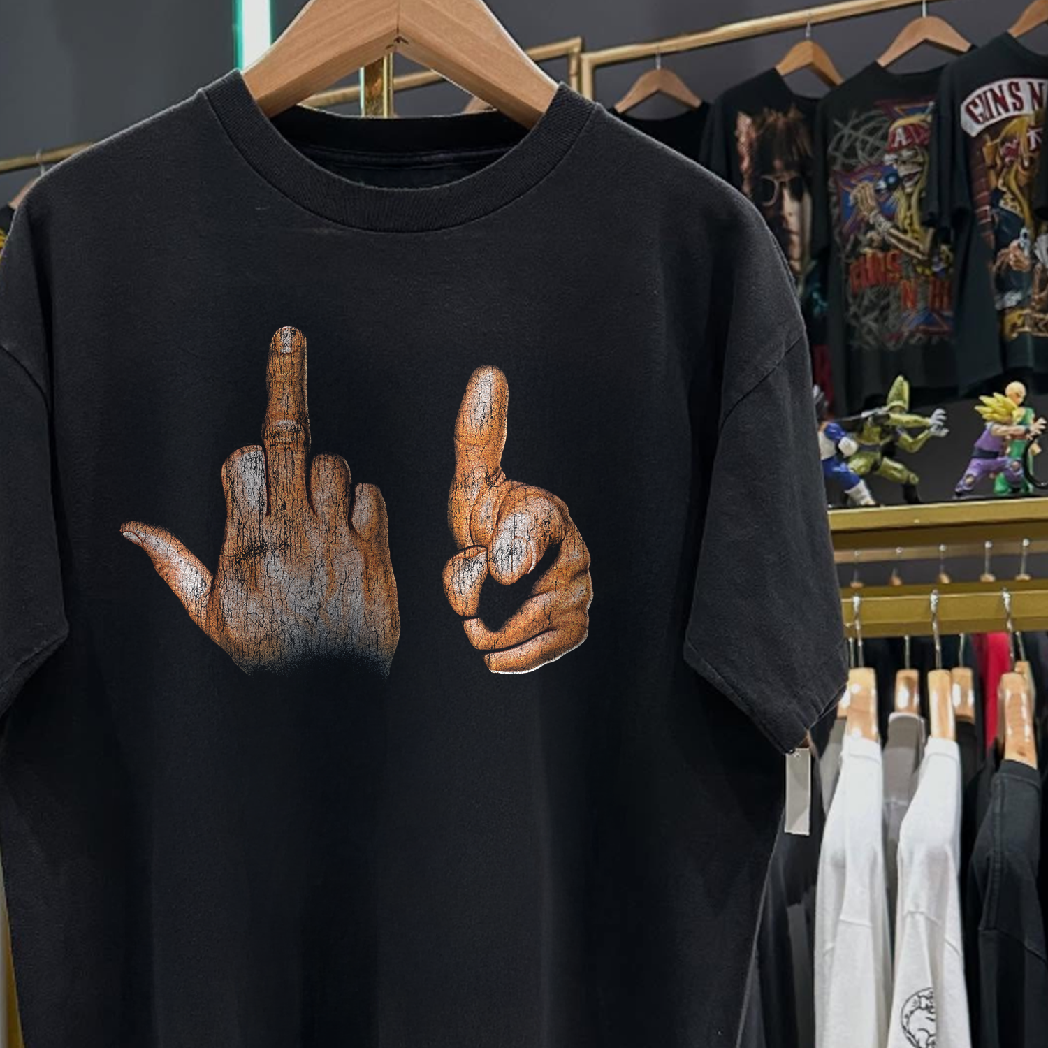 90s TWO-FINGER SALUTE RARE WASHED BLACK T-SHIRT