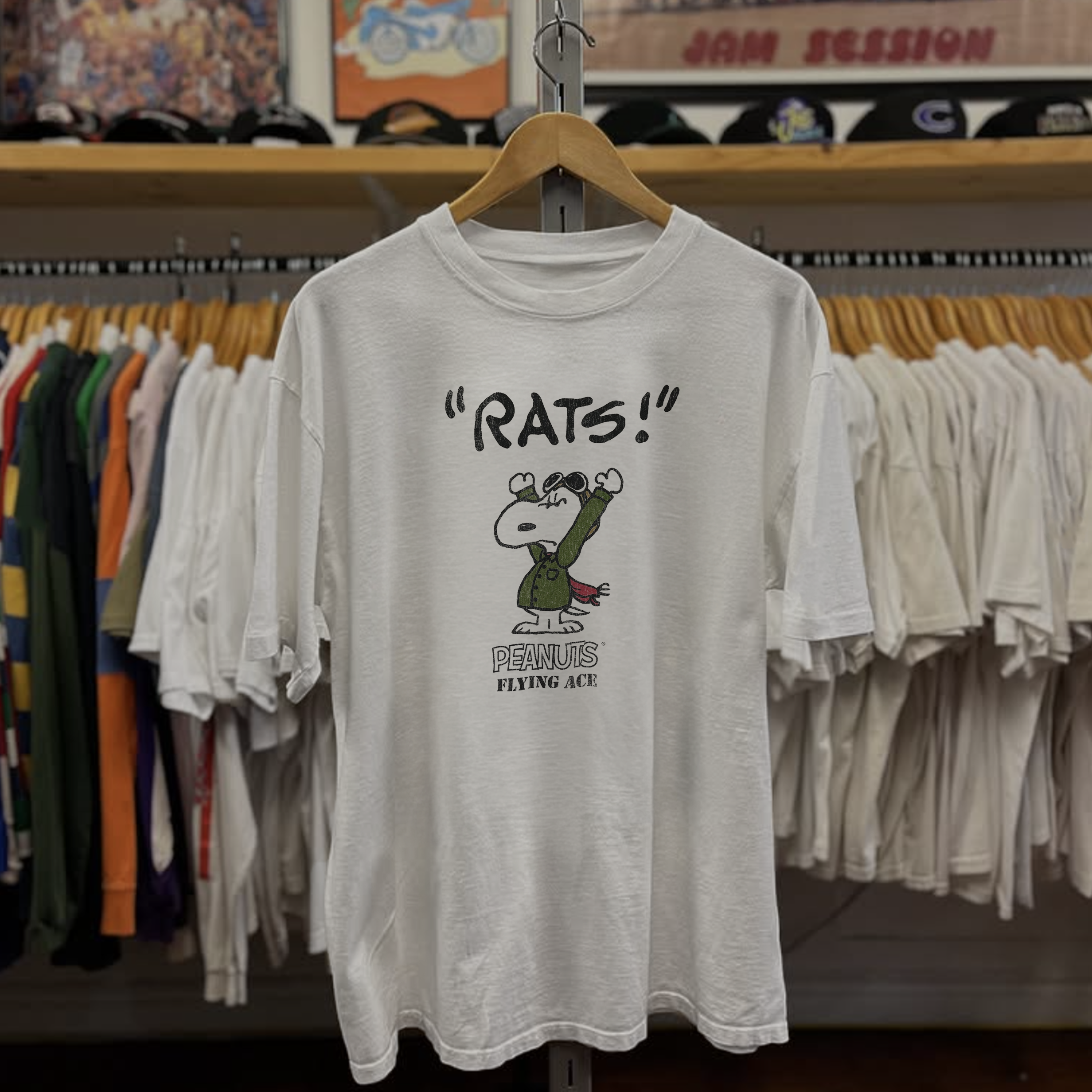 Rare Peanuts Flying Ace Rats! Washed White Tee