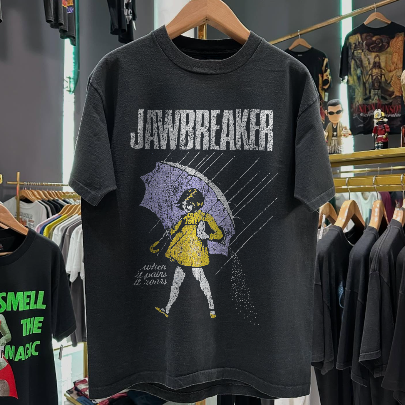 1993 JAWBREAKER 'WHEN IT RAINS IT ROARS' RARE WASHED BLACK T-SHIRT