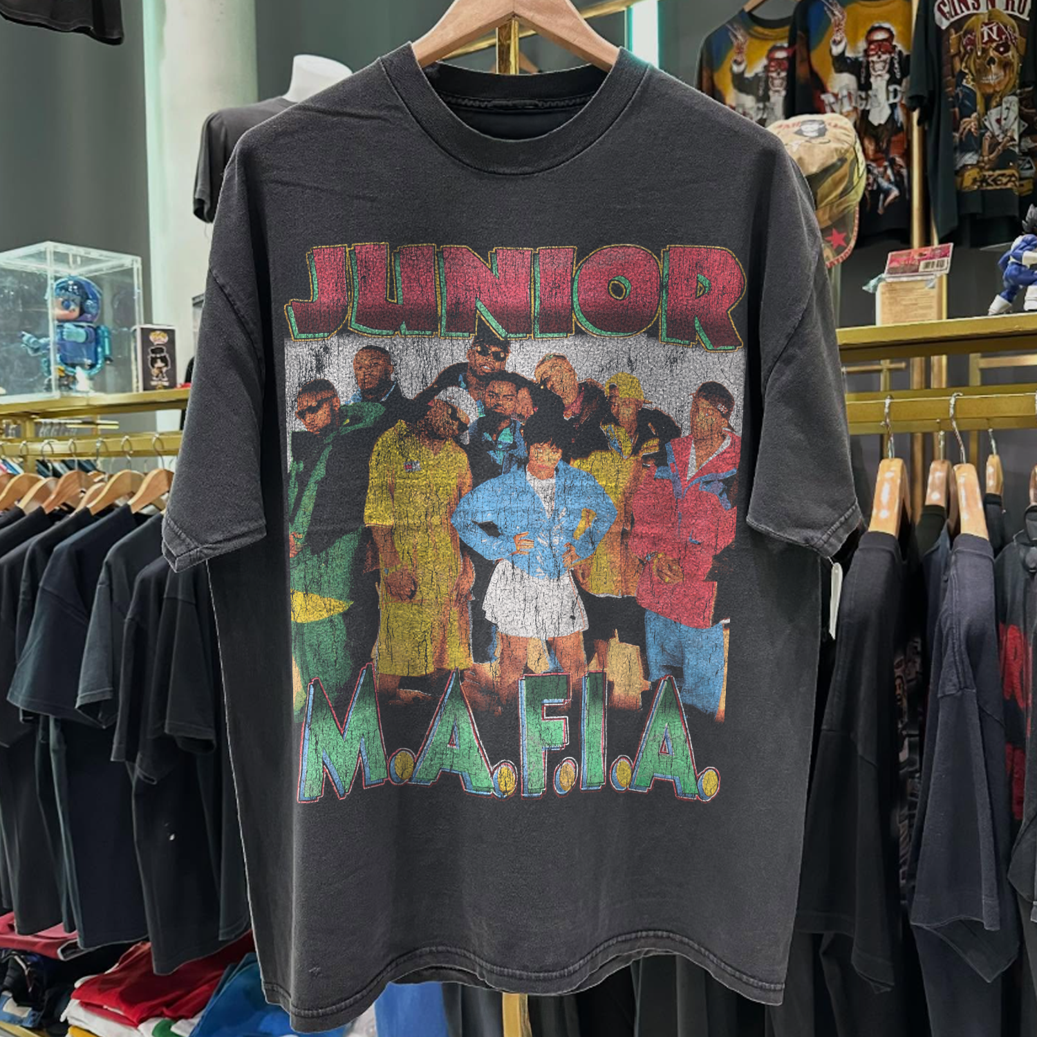 90s JUNIOR MAFIA 'GET MONEY' RARE WASHED BLACK RAP-TEE