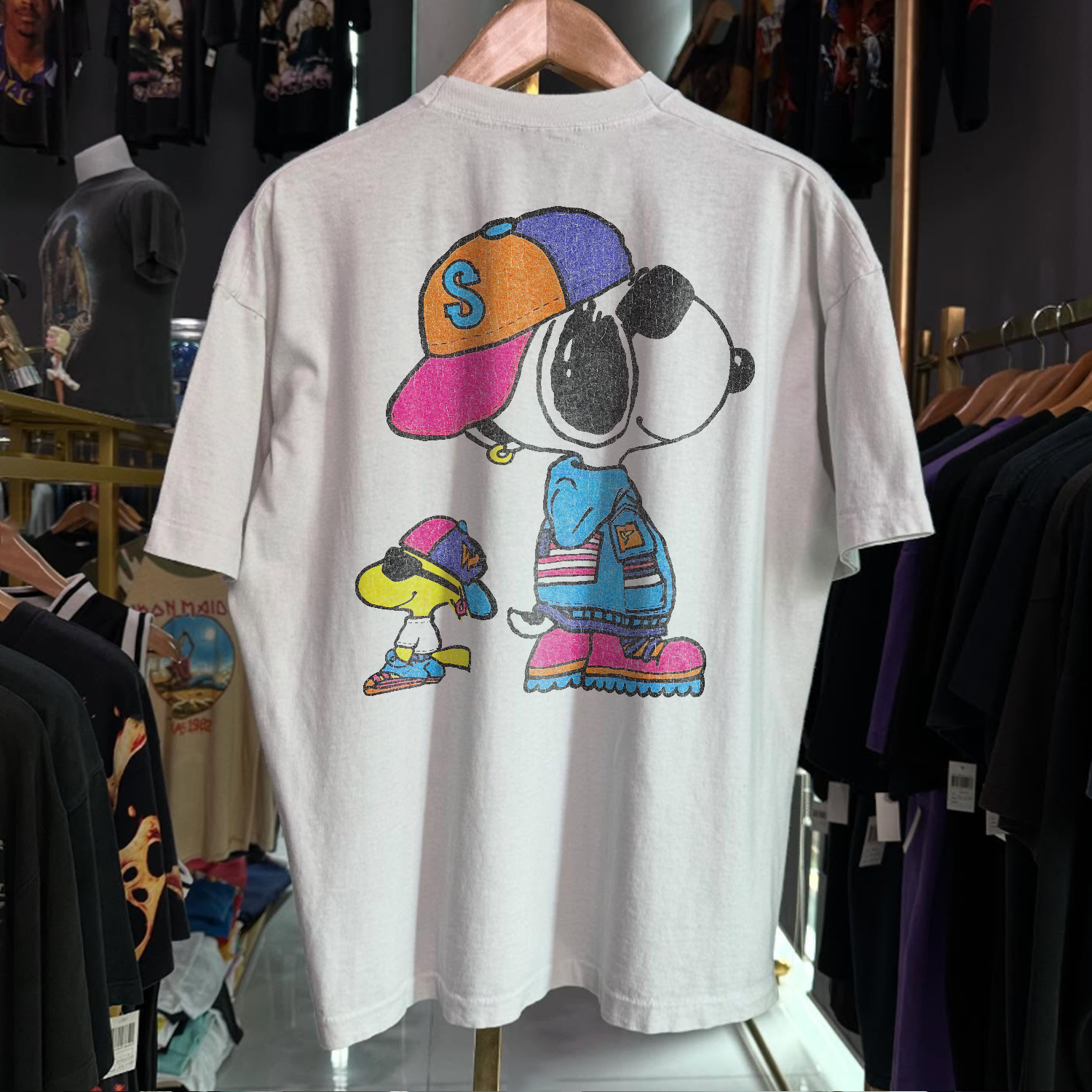 90s SNOOPY & WOODSTOCK HIP-HOP RARE WASHED WHITE T-SHIRT