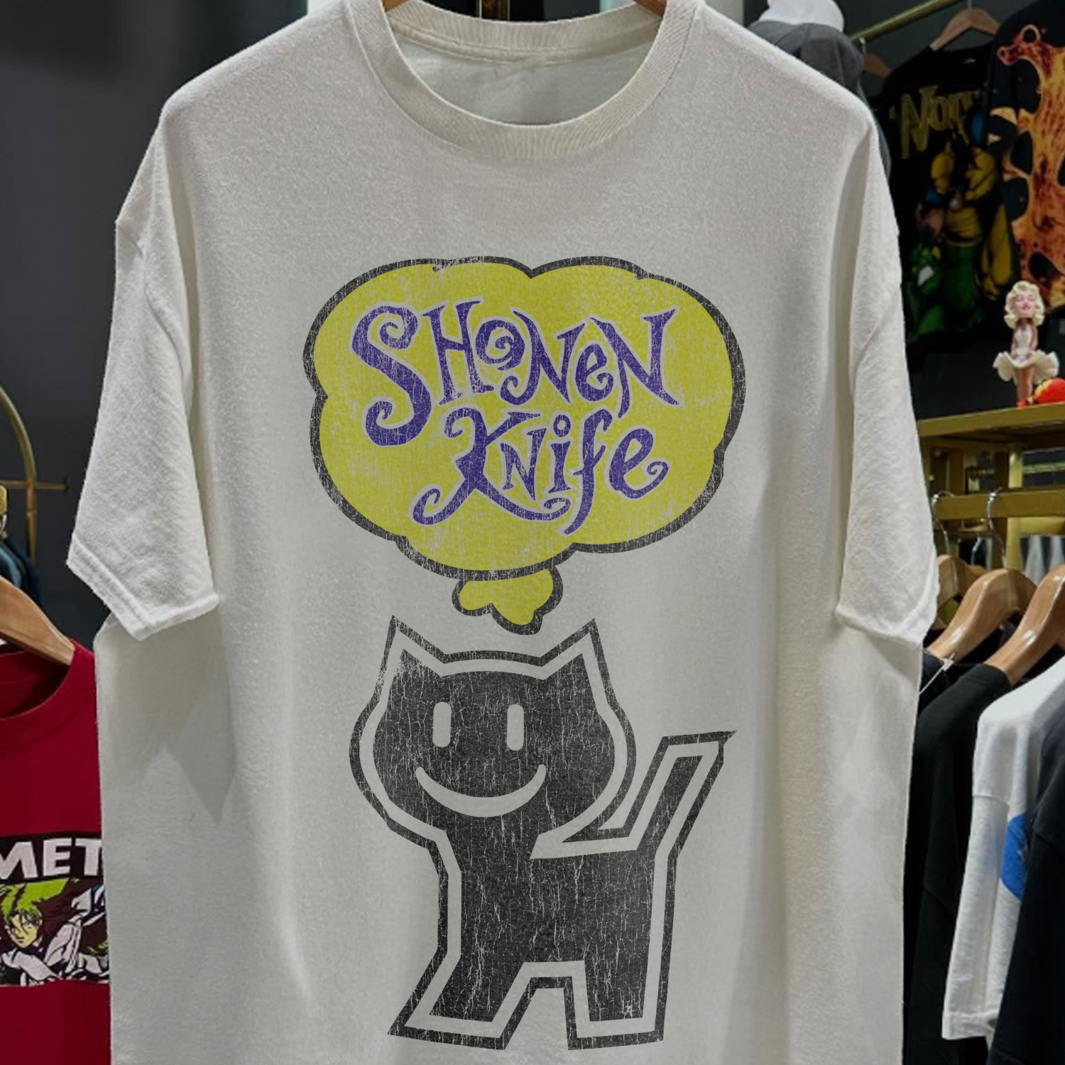 90'S SHONEN KITTEN CLUB 'SHONEN KNIFE CAT TEE' RARE WASHED WHITE T-SHIRT