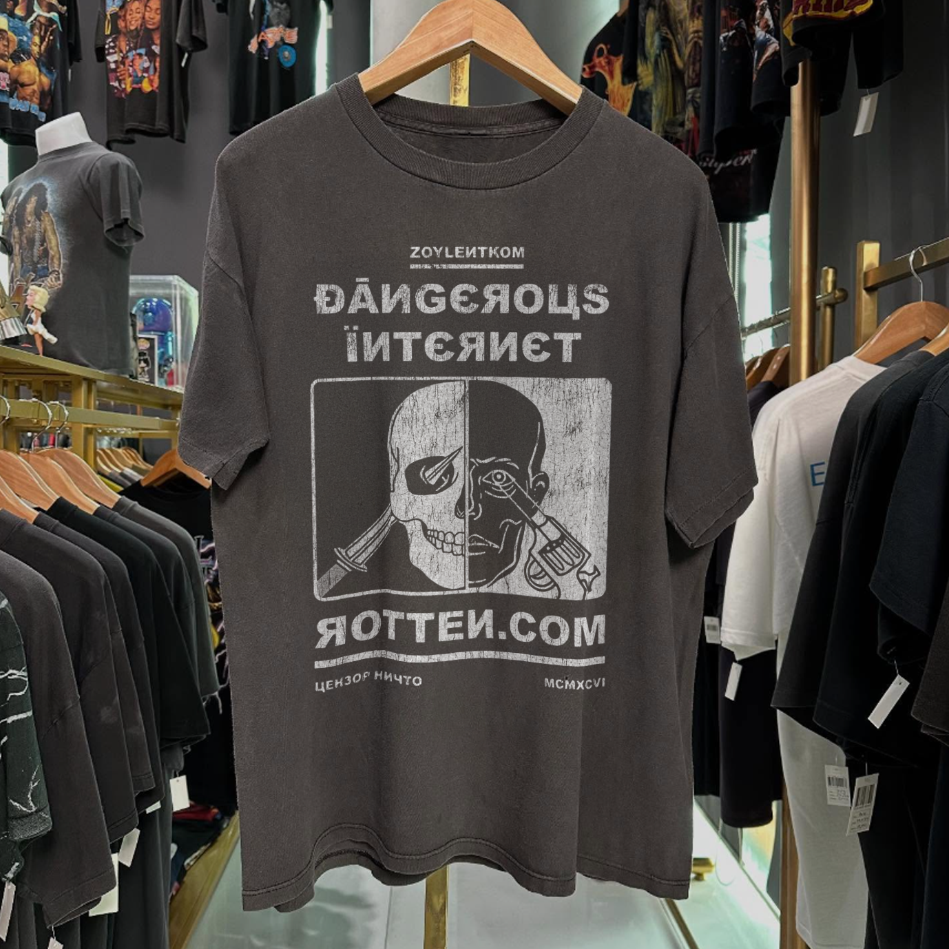 90s ROTTEN DOT COM 'DANGEROUS INTERNET' RARE WASHED BLACK T-SHIRT