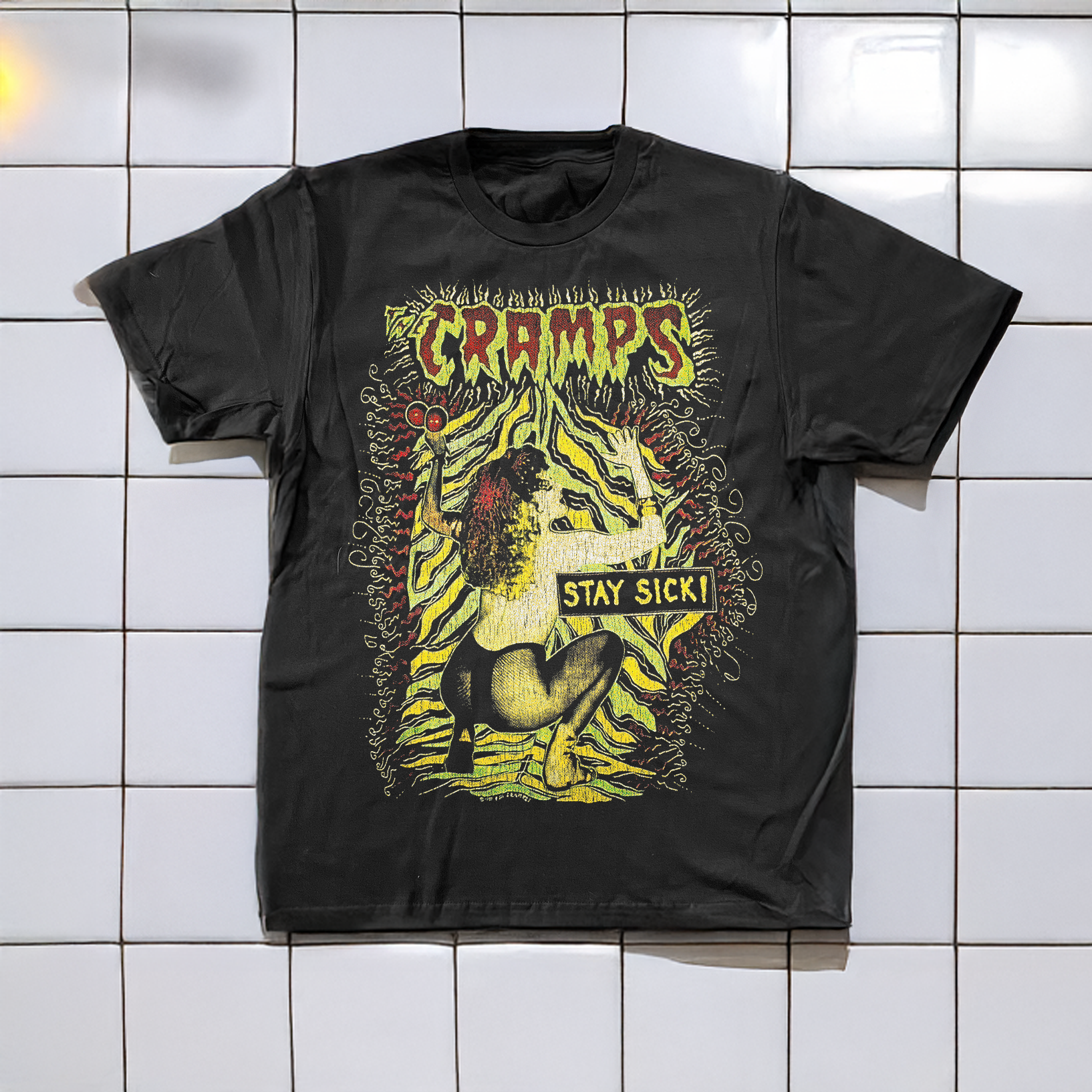'90 THE CRAMPS STAY SICK WASHED BLACK T-SHIRT