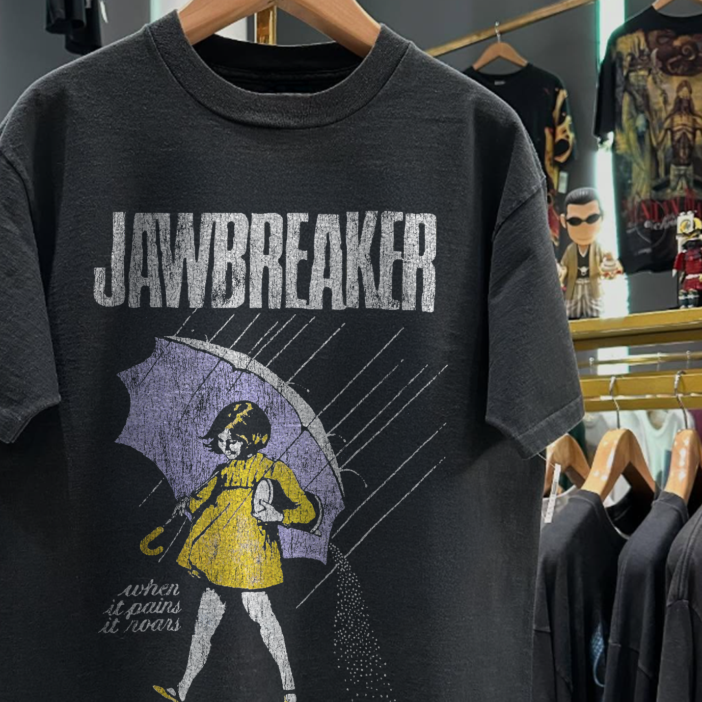1993 JAWBREAKER 'WHEN IT RAINS IT ROARS' RARE WASHED BLACK T-SHIRT
