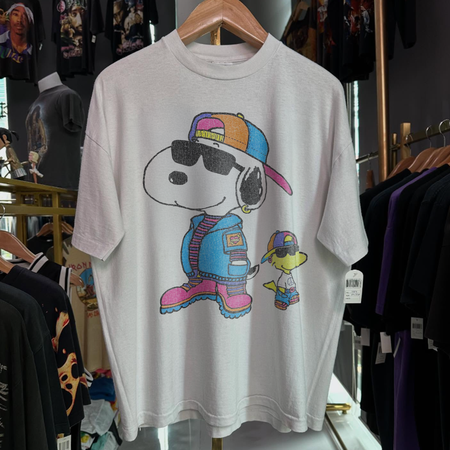 90s SNOOPY & WOODSTOCK HIP-HOP RARE WASHED WHITE T-SHIRT
