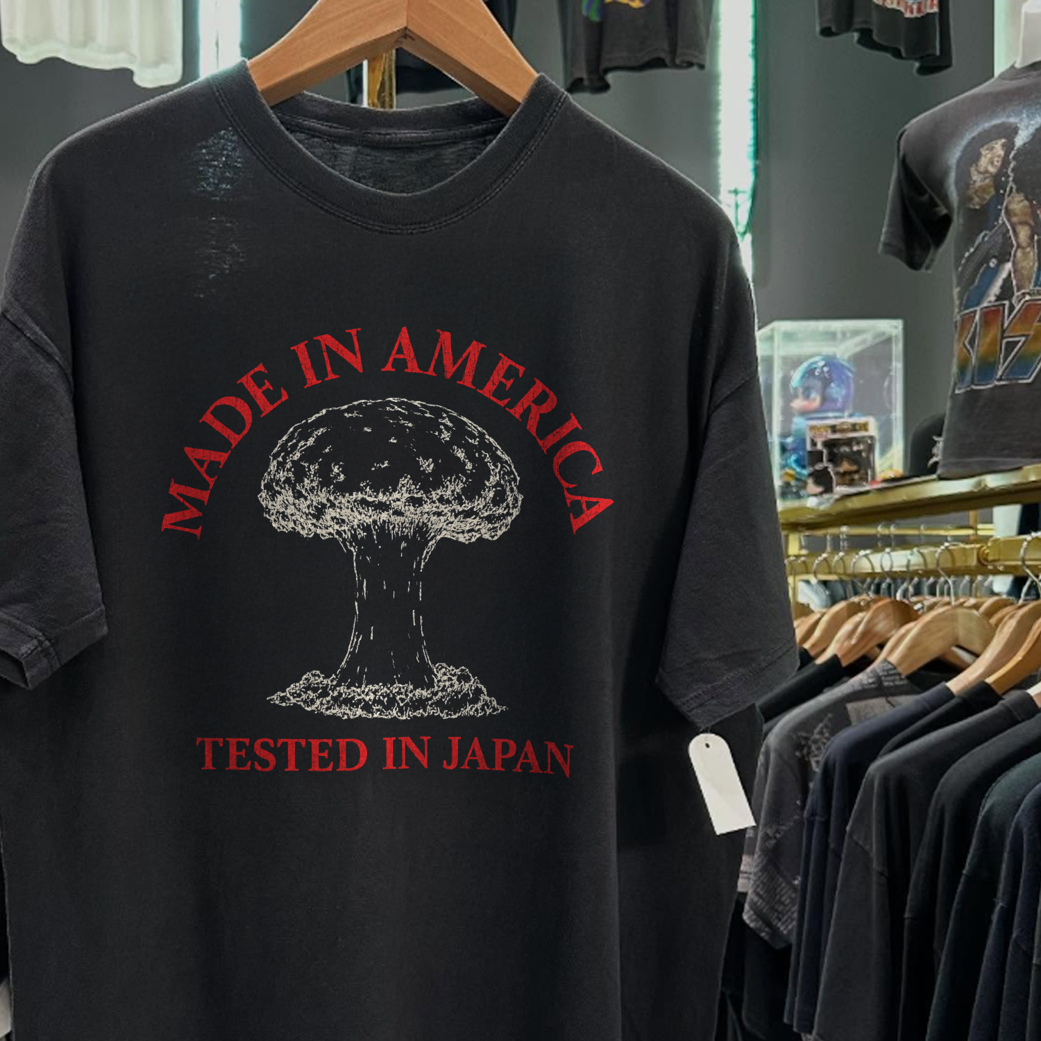 90s MADE IN AMERICA 'TESTED IN JAPAN' RARE WASHED BLACK T-SHIRT