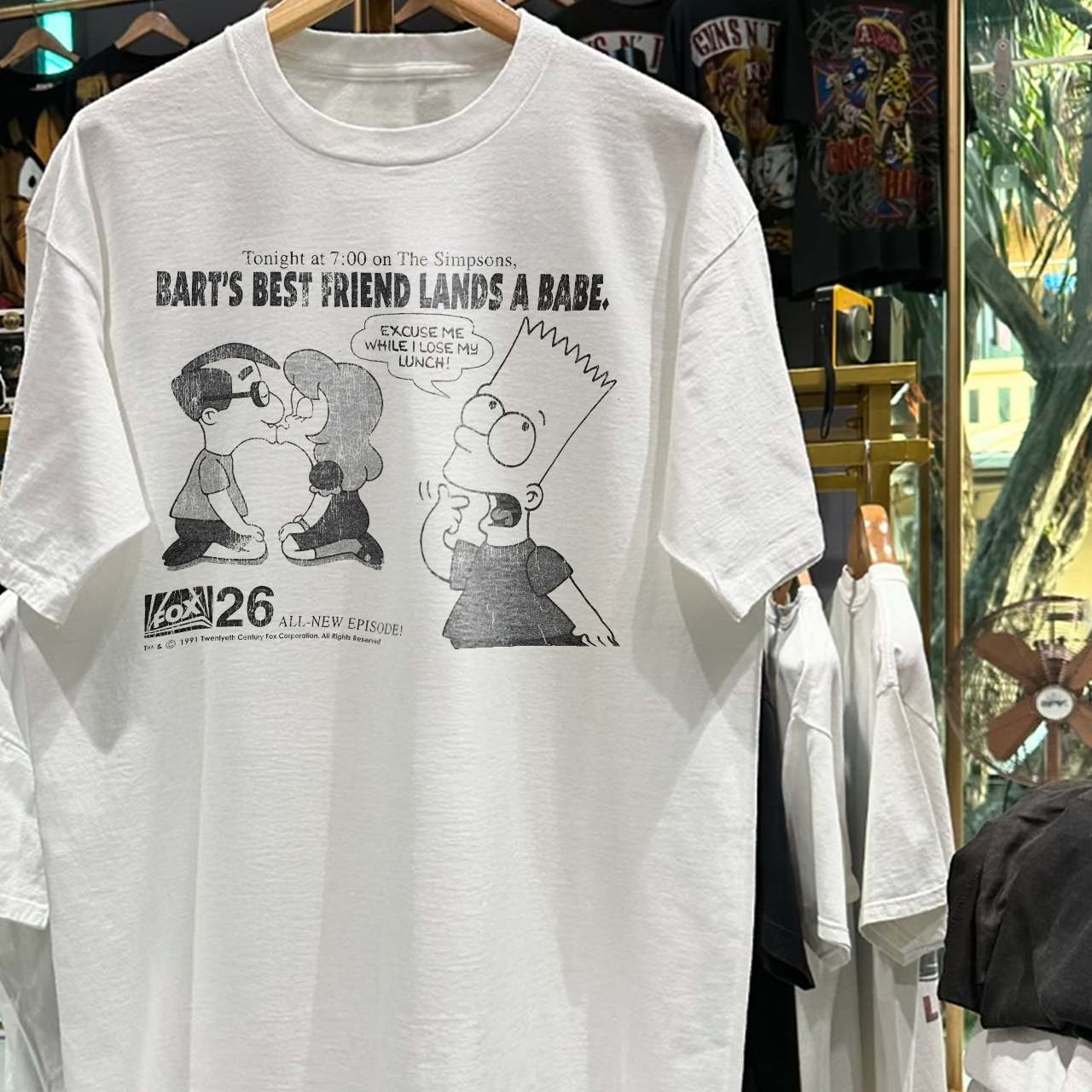 90s SIMPS0NS 'BART'S FRIEND LANDS A BABE' TV GUIDE RARE WASHED WHITE T-SHIRT