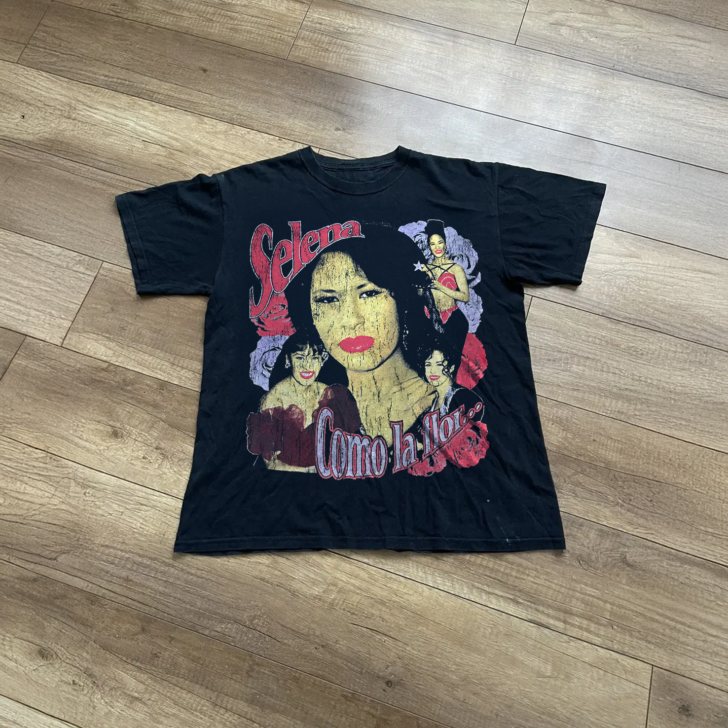 90s SELENA QUINTANILLA COMO LA FLOR RARE WASHED BLACK T-SHIRT