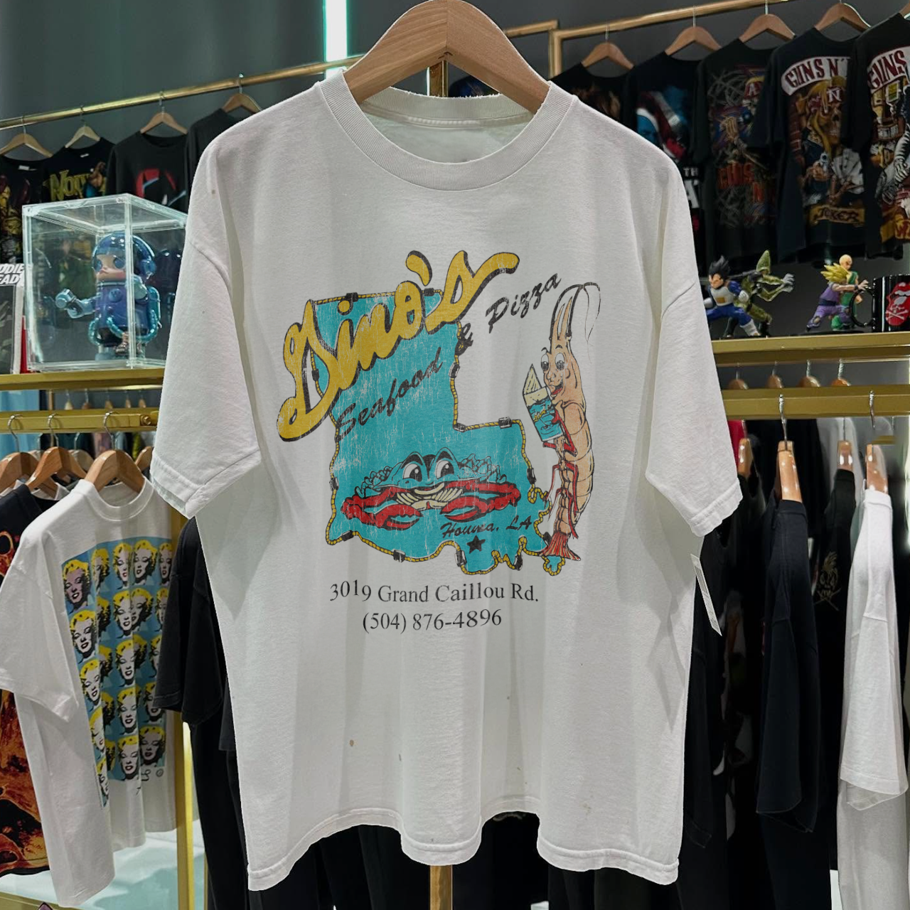 90s DINO'S SEAFOOD AND PIZZA RARE WASHED WHITE T-SHIRT