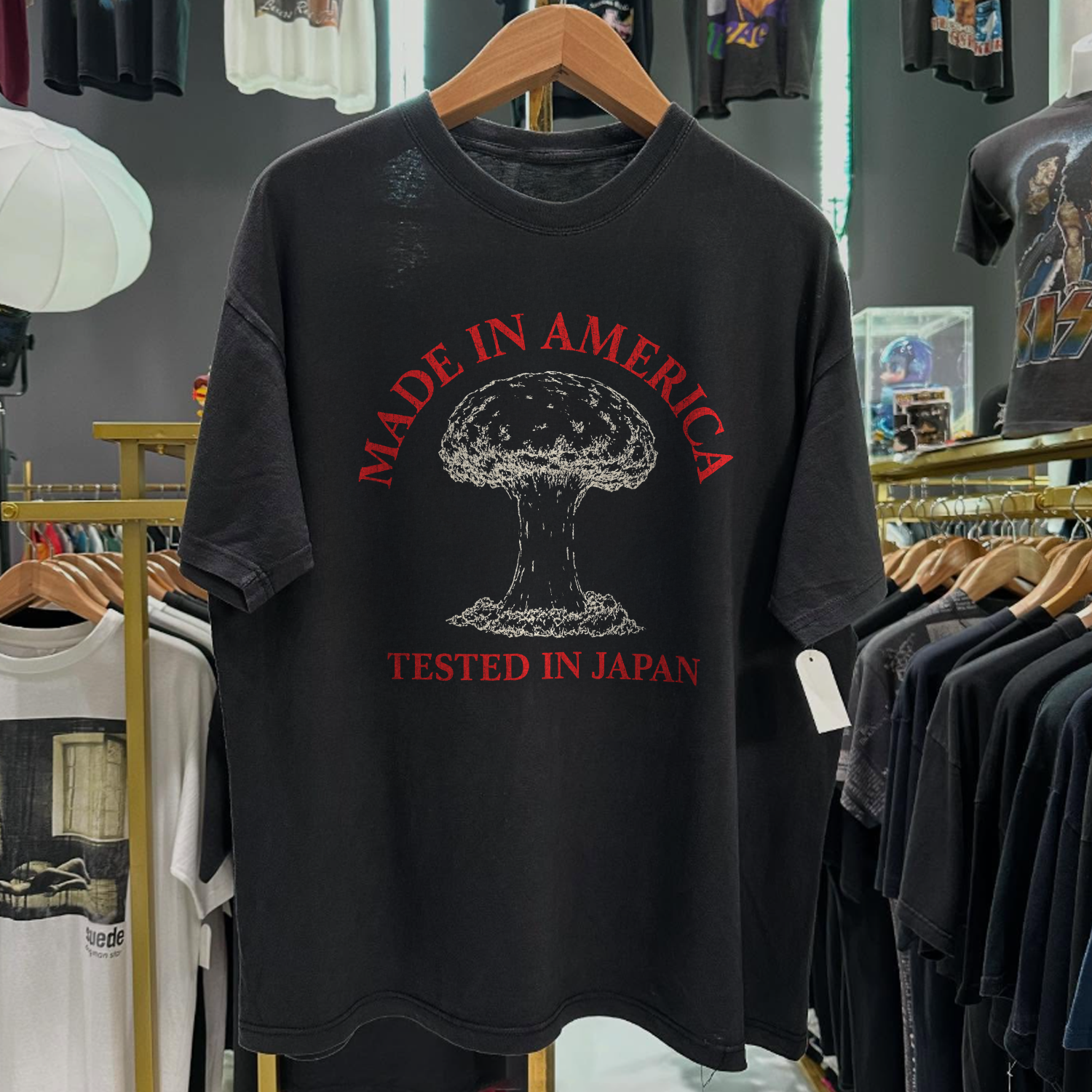 90s MADE IN AMERICA 'TESTED IN JAPAN' RARE WASHED BLACK T-SHIRT