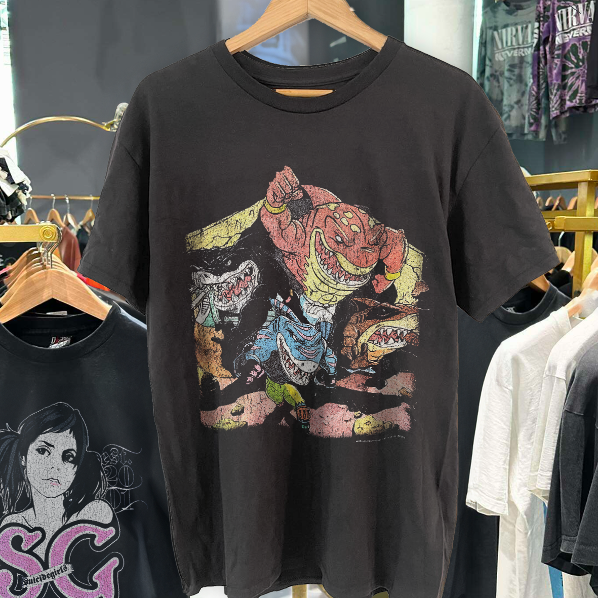 STR33T SHARKS 1995 GRAIL BLACK VINTAGE WASHED T-SHIRT