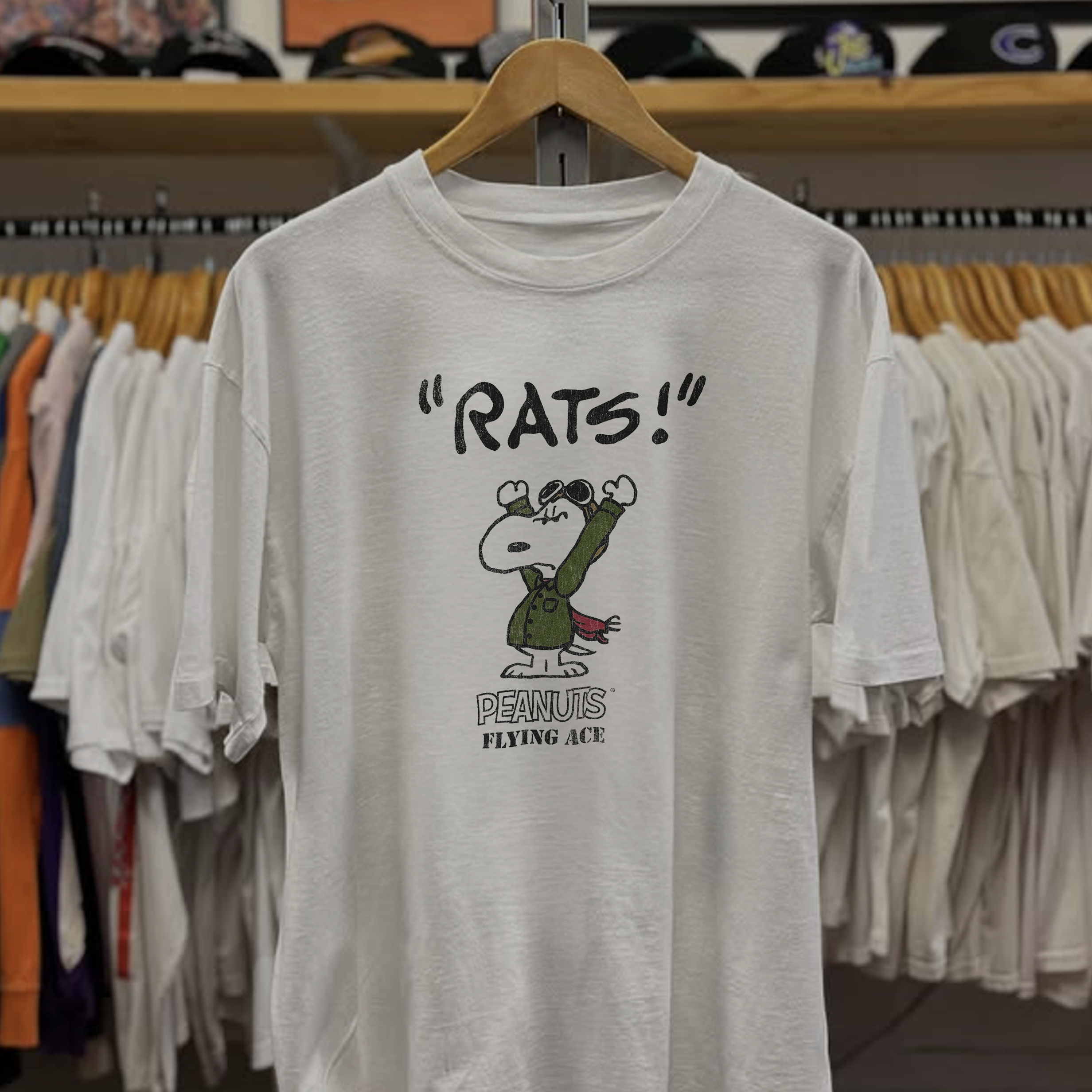 Rare Peanuts Flying Ace Rats! Washed White Tee