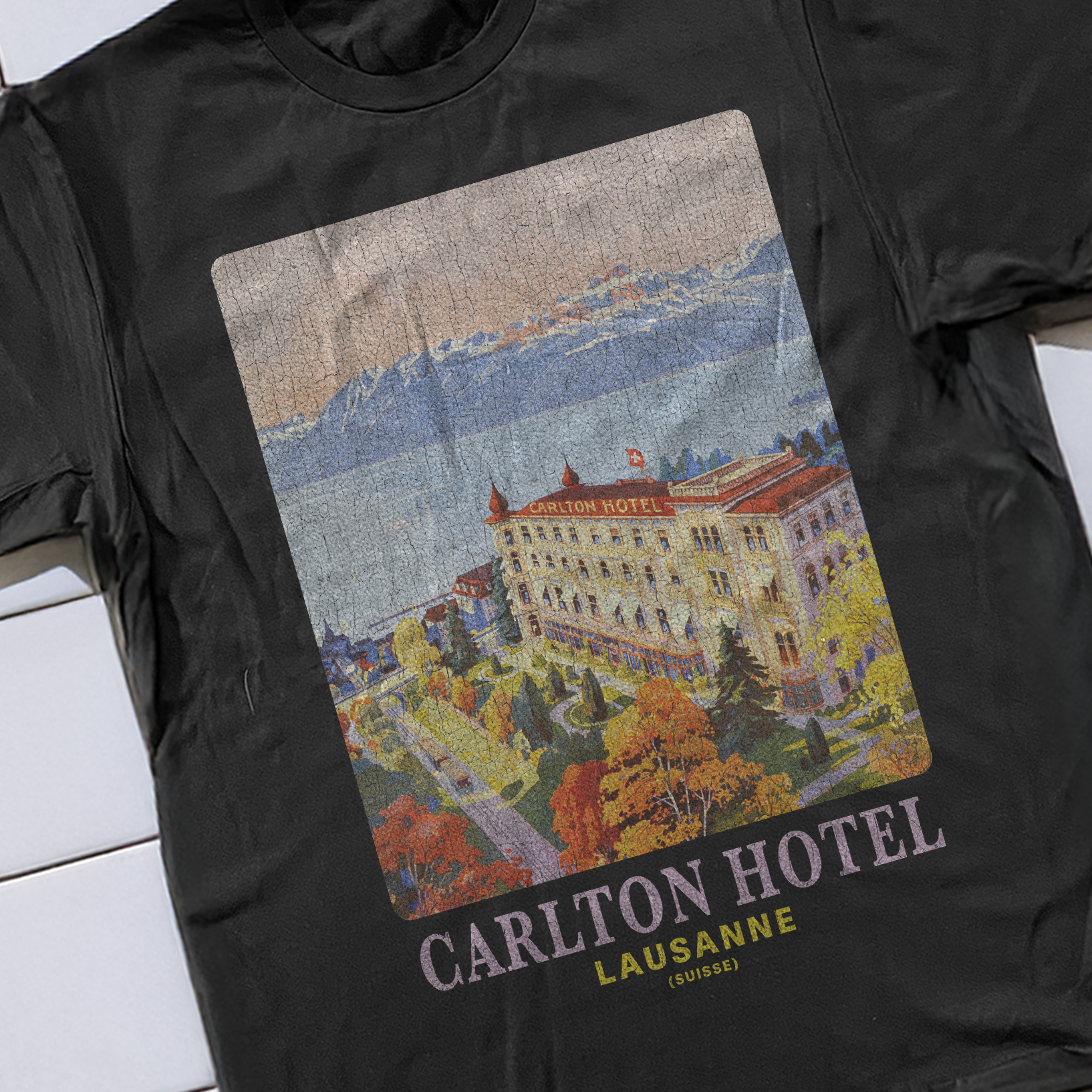 90s LAUSANNE 'CARLTON HOTEL' RARE WASHED BLACK T-SHIRT