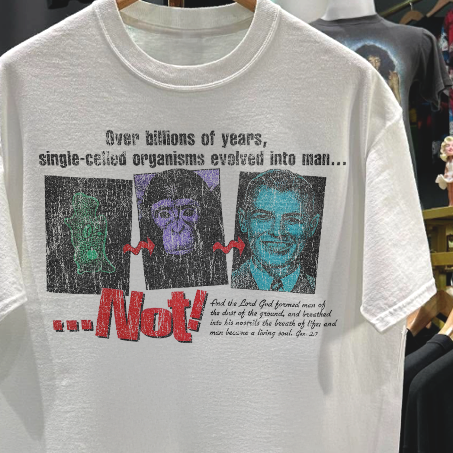 90S "BIG BANG? NOT!" RARE WASHED WHITE ANTI-EVOLUTION T-SHIRT