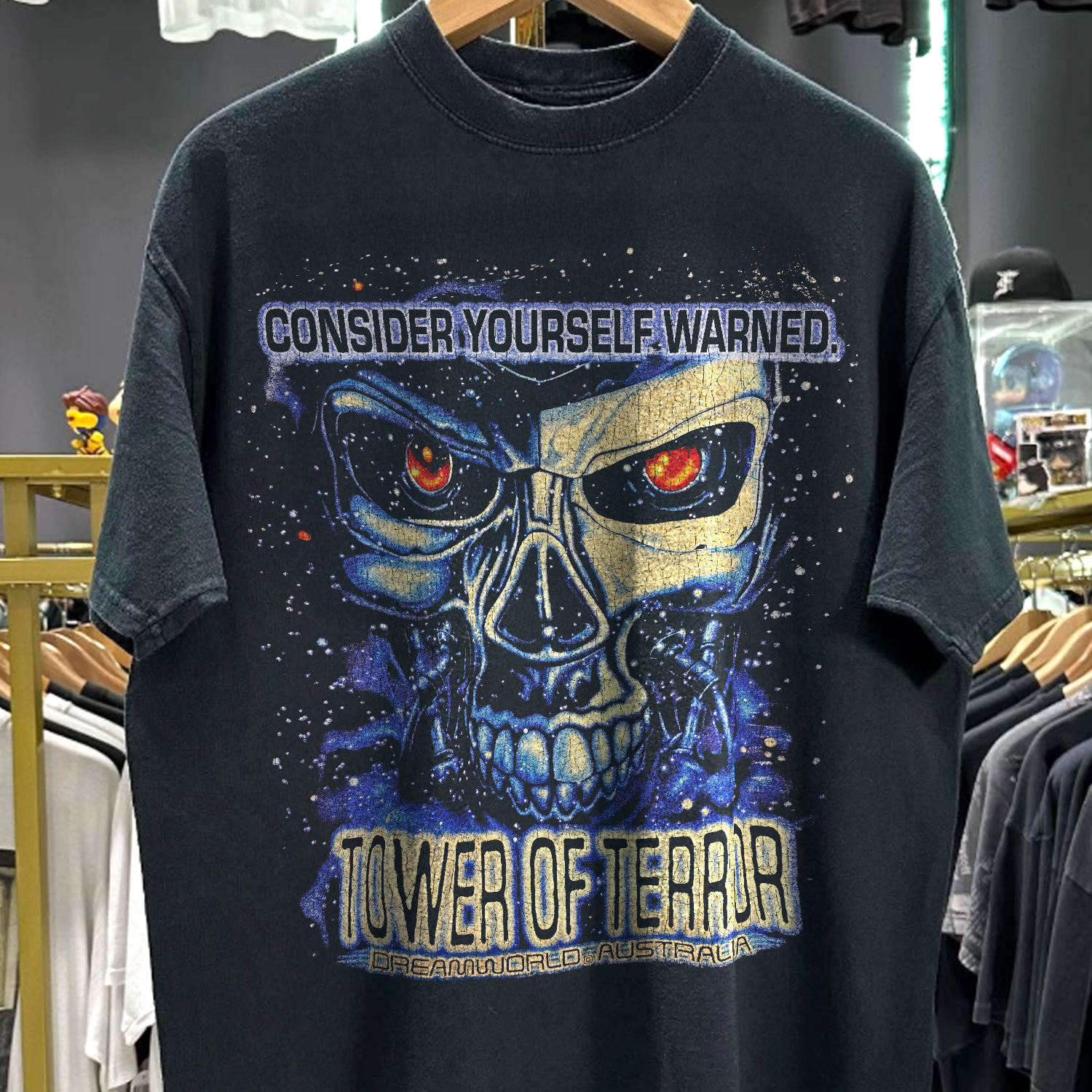 90s DREAMWORLD TOWER OF TERROR 'CONSIDER YOURSELF WARNED' RARE WASHED BLACK T-SHIRT