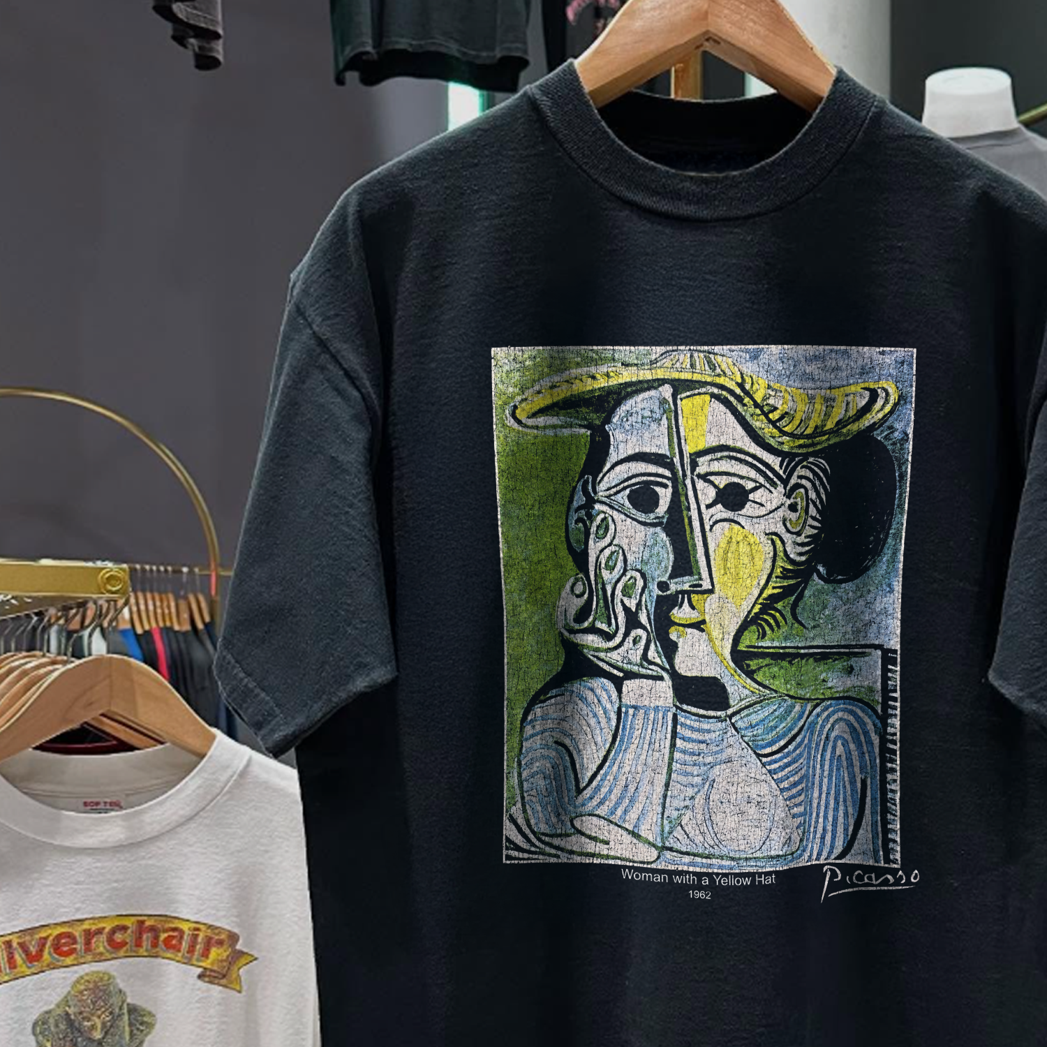 90s PICASSO 'WOMAN WITH A YELLOW HAT' RARE WASHED BLACK T-SHIRT