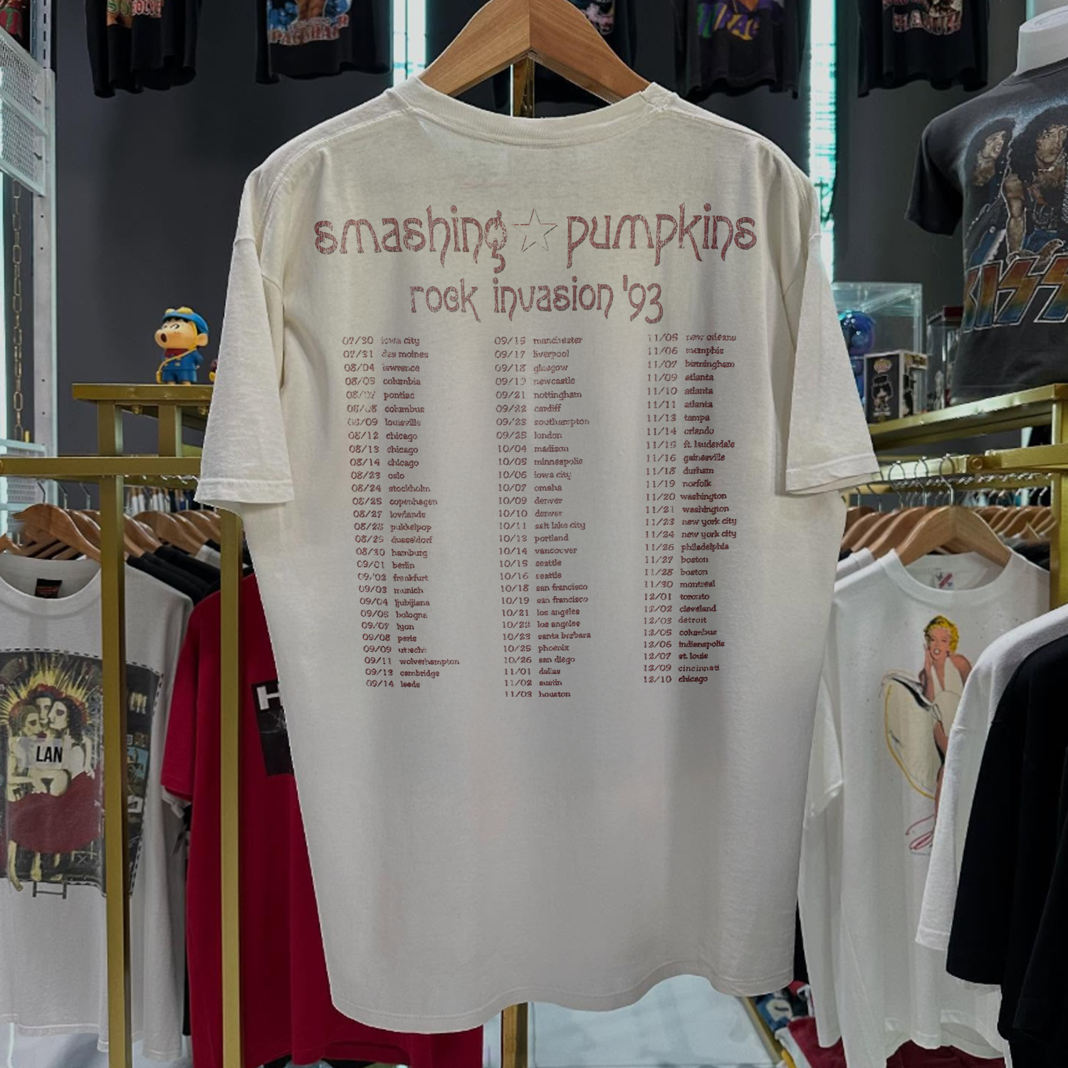 1993 SMASHING PUMPKINS 'ROCK INVASION TOUR' RARE WASHED WHITE T-SHIRT
